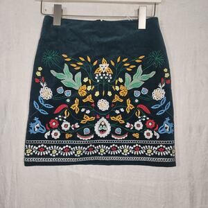 SIMPLEE S Boho Floral Embroidered Corduroy Skirt Size Small Teal high waist